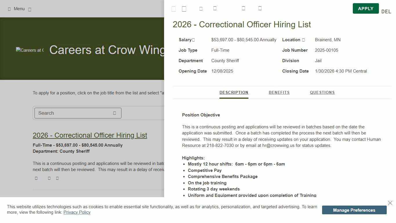 2026 - Correctional Officer Hiring List Job Details tab Career Pages